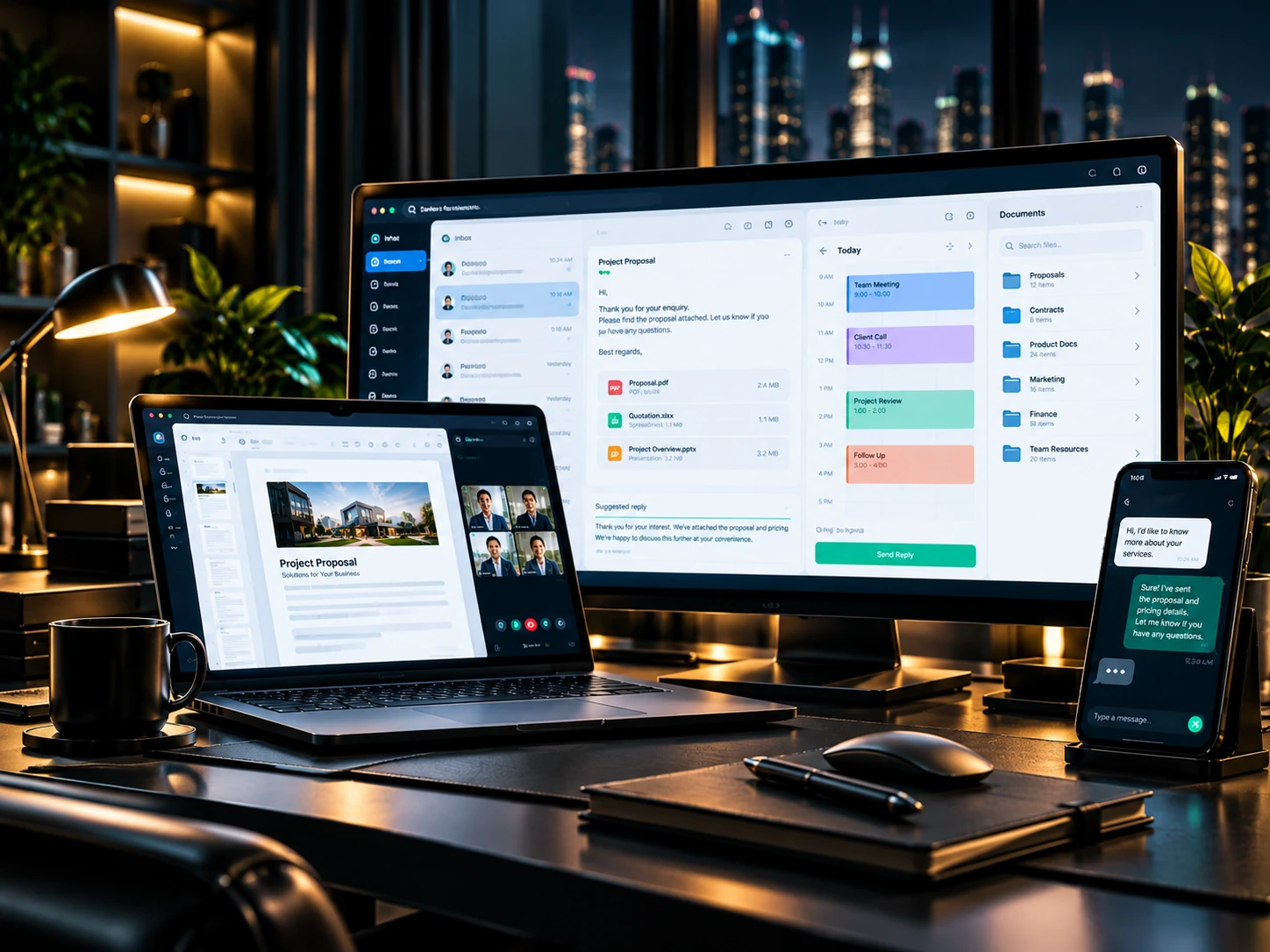 Laptop နှင့် Monitor ပေါ်တွင် Email၊ စာရွက်စာတမ်းနှင့် အစည်းအဝေးများ ပါဝင်သော လုပ်ငန်းသုံး အလုပ်ခွင်။