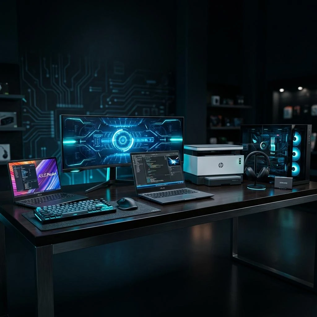 A desk with a business monitor, laptop, tower PC, network switch and headset, supplied and configured as part of a modern office IT setup.