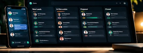 A laptop and phone showing a customer pipeline with leads organised into stages such as New Leads, In Discussion, Proposal and Closed.