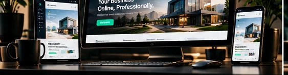 A desktop monitor, tablet and phone all showing the same professional business website, next to a coffee mug on a desk.